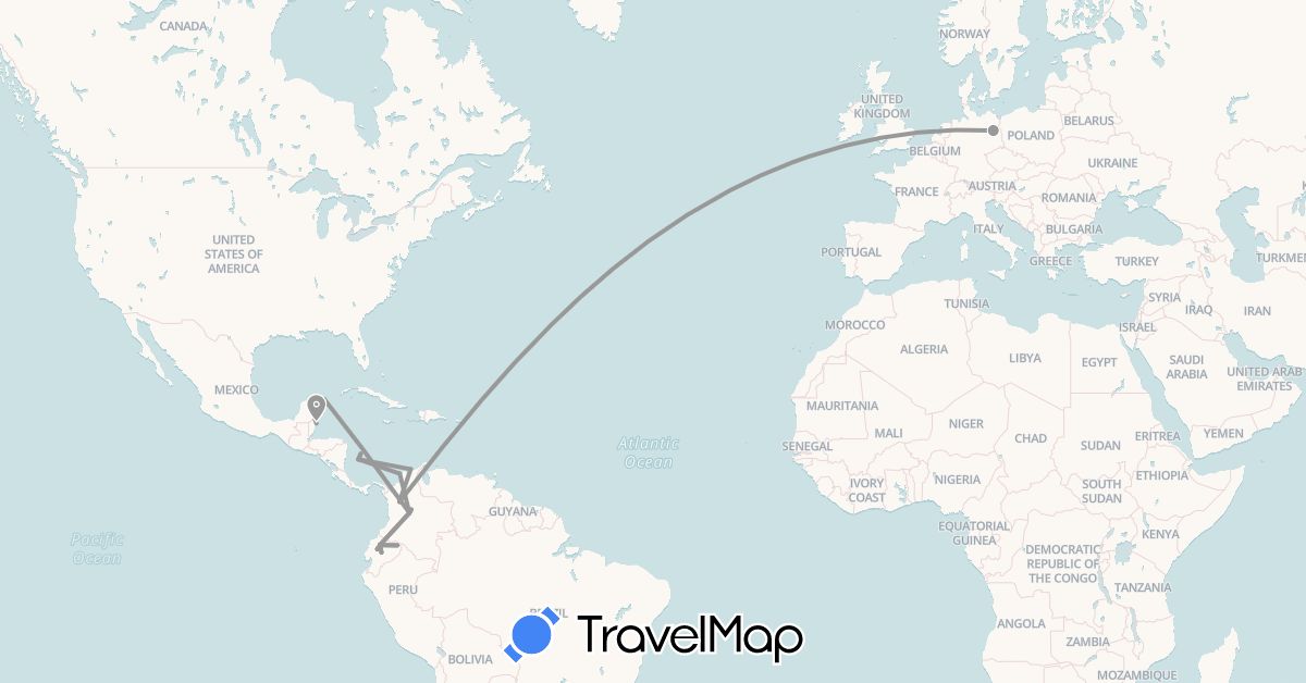 TravelMap itinerary: driving, bus, plane in Belize, Colombia, Germany, Ecuador, Mexico (Europe, North America, South America)